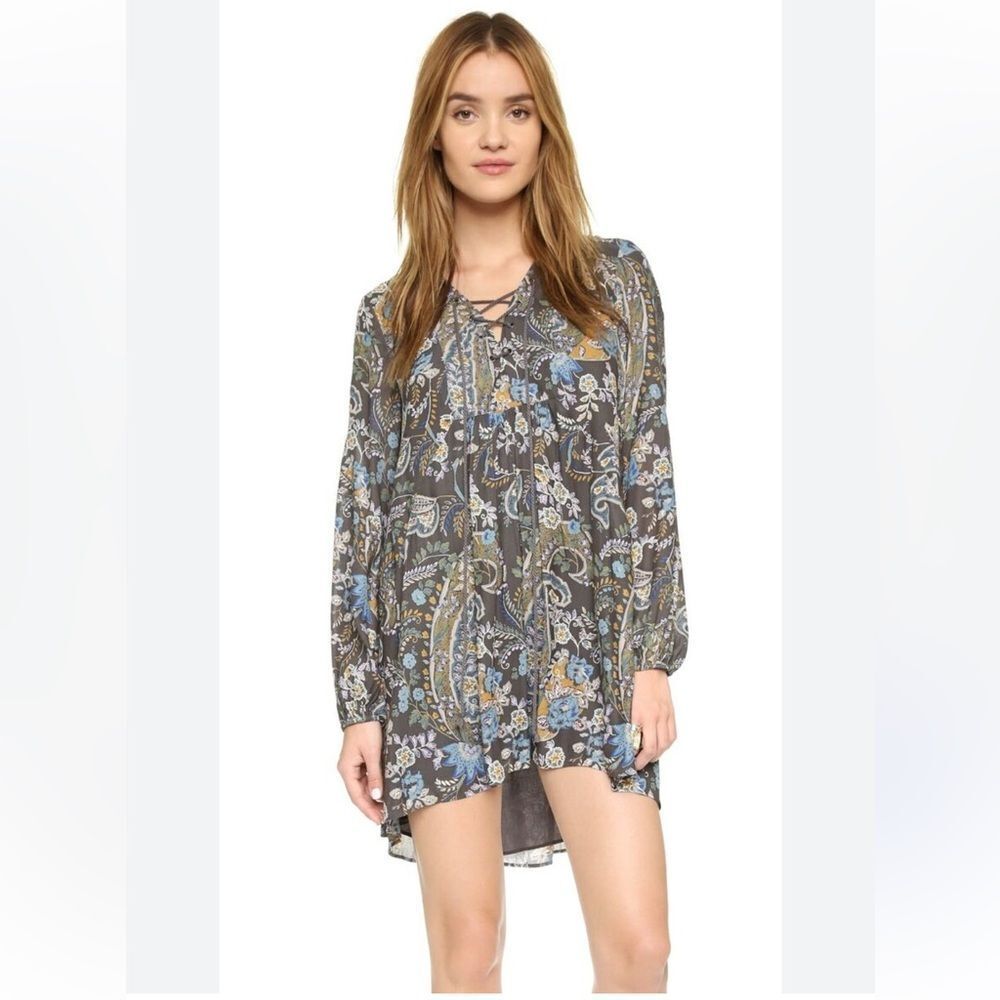 Free People Rain Or Shine Gray Paisley
Lace Up V Neck Boho Tunic Mini Dress